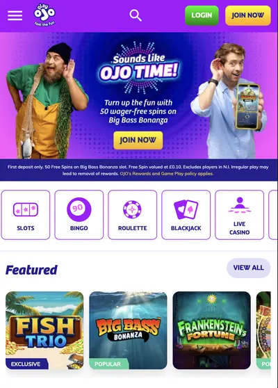 PlayOJO Casino homepage — main screen overview