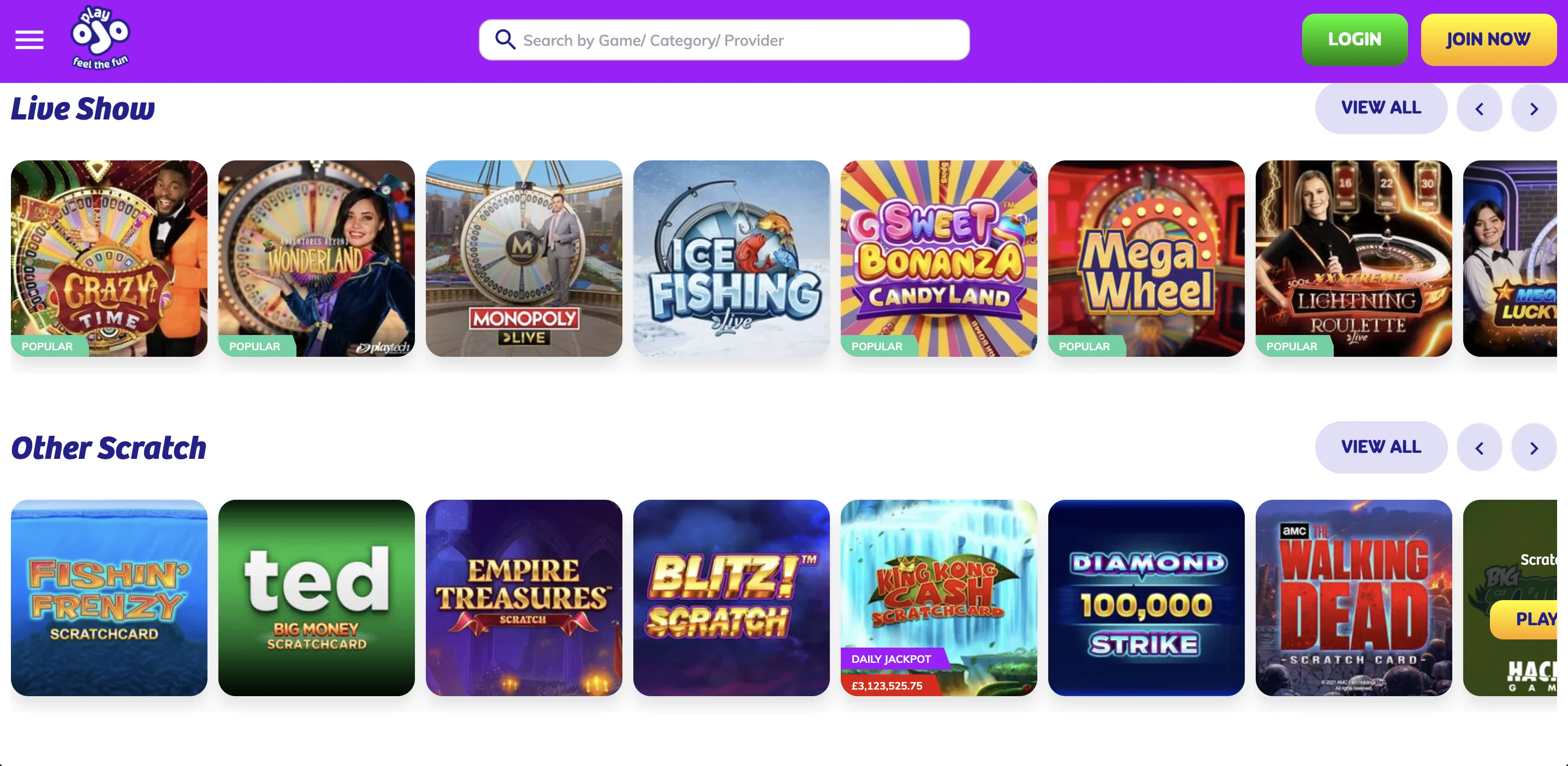 PlayOJO slot games — Megaways, jackpots, and video slots